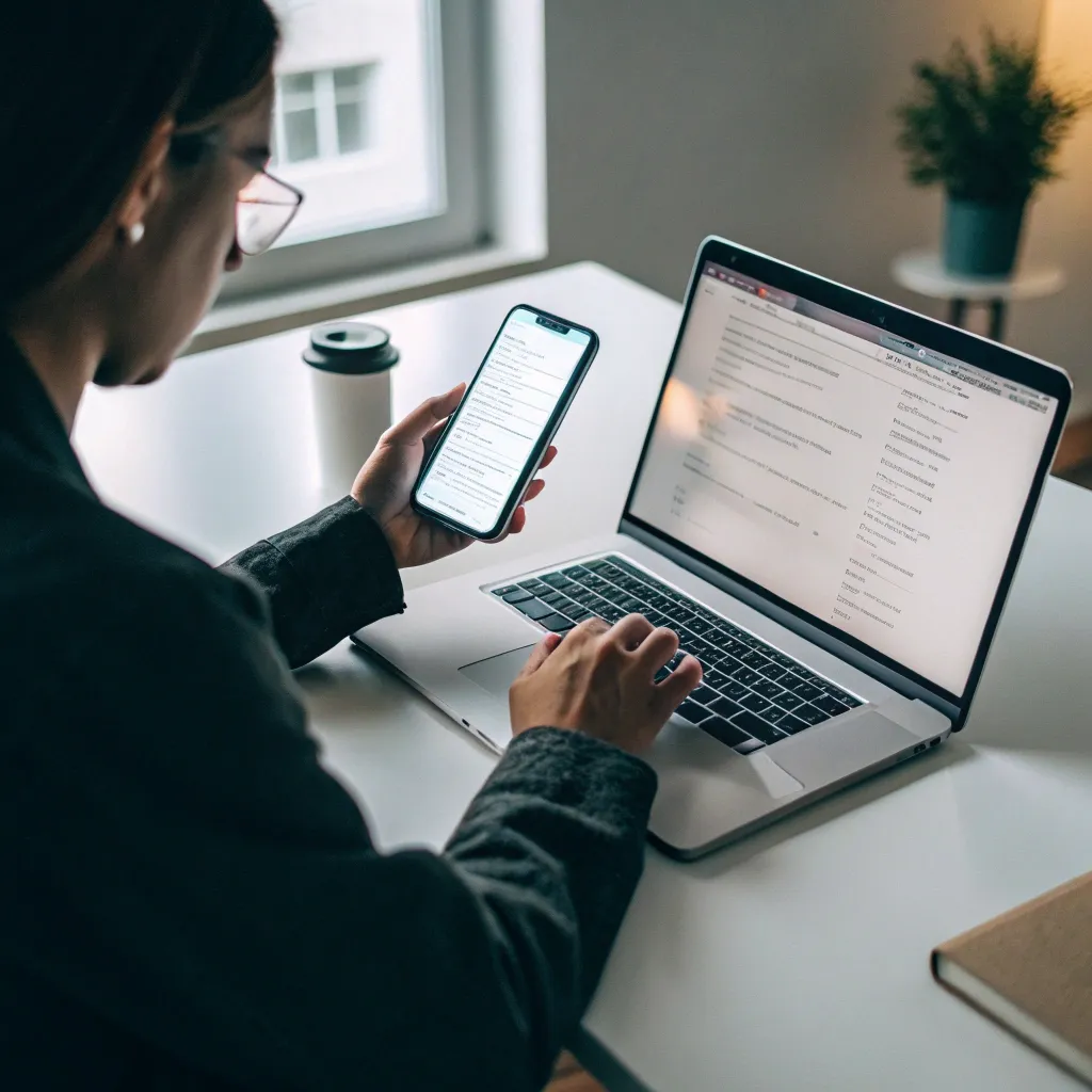 Person holding a phone and typing on a laptop